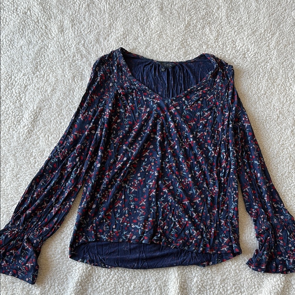 Lucky Brand Floral long sleeve V-Neck Blouse - Navy and Red
